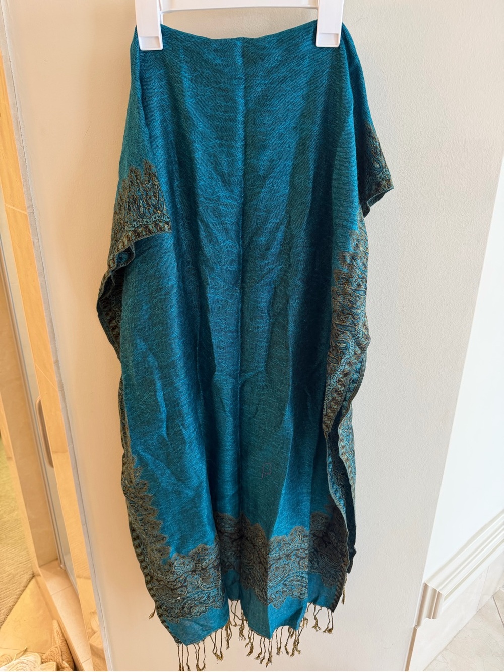 Teal Embroidered Fringe Wrap Scarf
